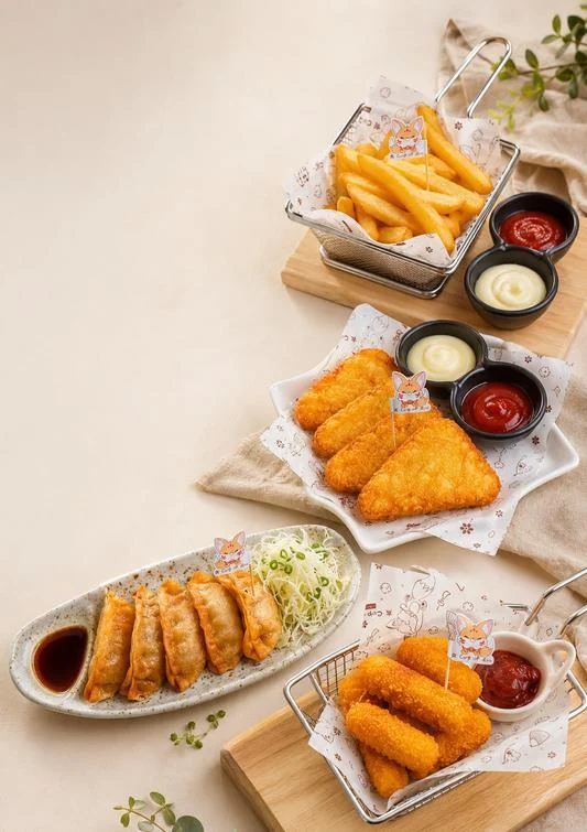 French fries, hash browns, cheese sticks and gyoza from the café