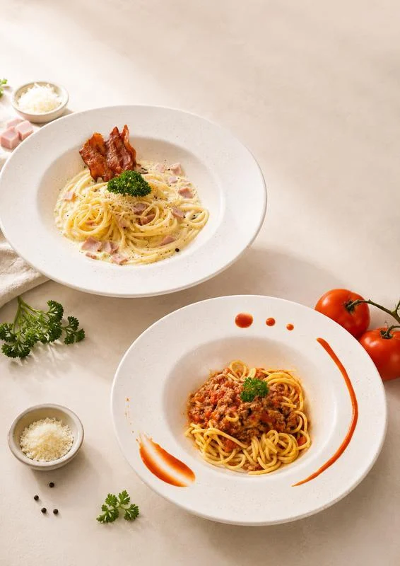 Spaghetti with tomato sauce and carbonara