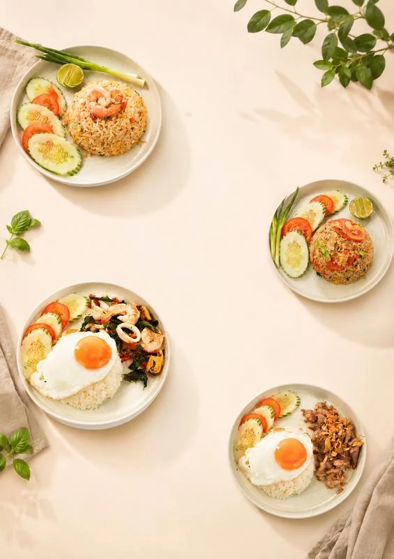 Fried rice, railway-style fried rice, holy basil rice and garlic rice